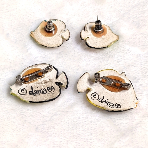 Vintage 80's Artisan Made Glazed Ceramic Fish Earrings And Brooches - Picture 4 of 10